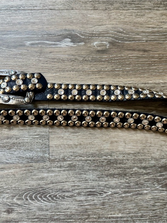Studded Western Black Leather Belt with Rhinestone Buckle